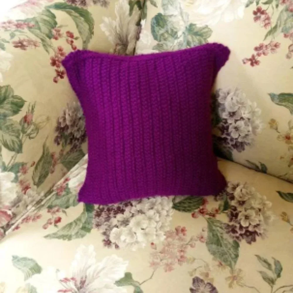 Hand Crafted Knit Throw Pillow Cable Purple w/ Hand Painted Button Home Dec…